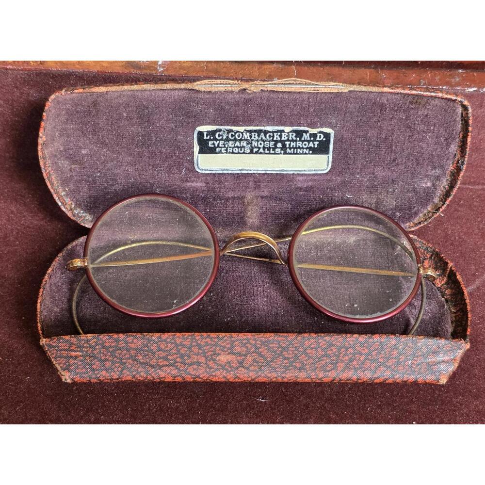Vintage 1940s Round Burgundy Rimmed Spectacles - Gold Filled G.F. Marked